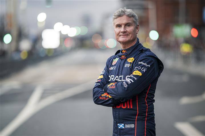 David Coulthard of United Kingdom poses for a photograph prior to the Red Bull Showrun at North Wall Quay in Dublin City, Ireland on January 15 2023.