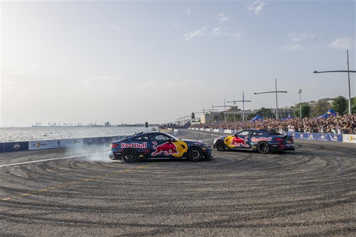 The Red Bull Drift Brothers, Elias Hountondji of Germany and Adam Zalewski of Poland perform during the Red Bull Showrun By Alumil in Thessaloniki, Greece on September 23, 2023.