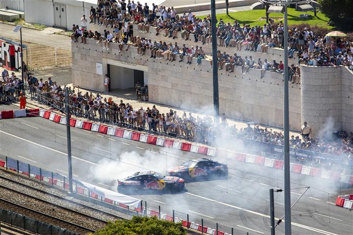 The Red Bull Drift Brothers perform during the Red Bull Showrun in Lisbon, Portugal on Juny 25, 2023